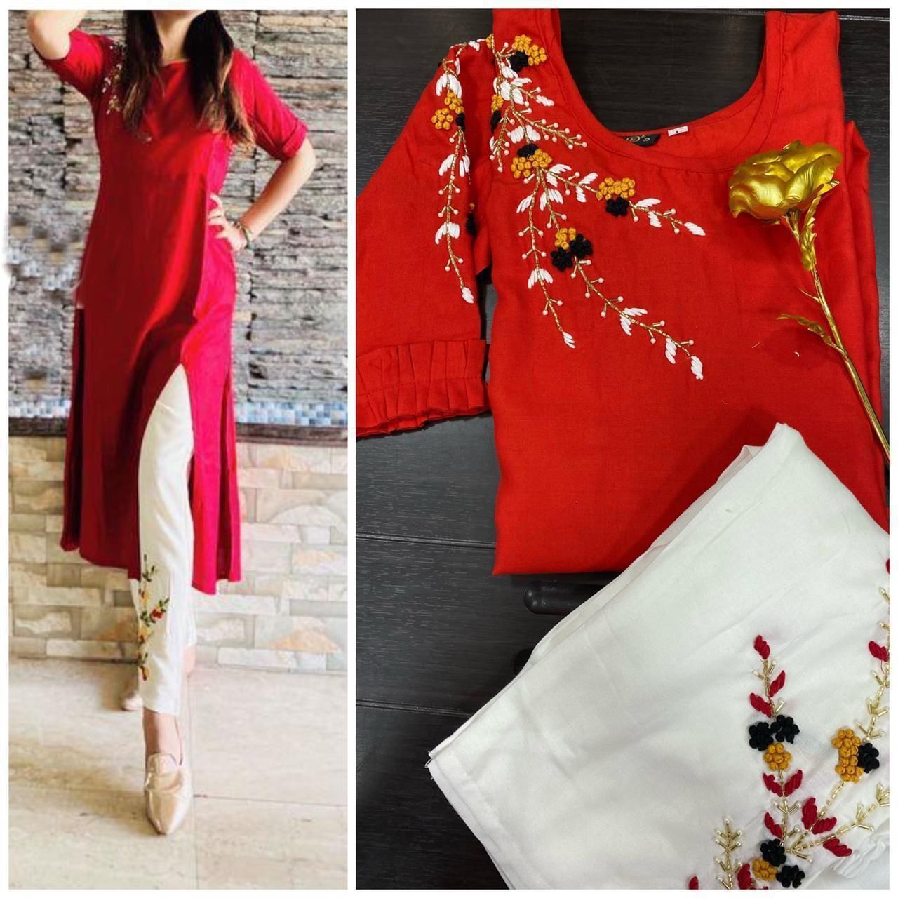 TDG Flower Queen Rayon Hand Work Designer Kurti With Bottom Catalog